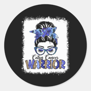 Messy Bun Leopard Blue Ribbon Colon Cancer Warrior Runder Aufkleber