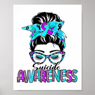 Messy Bun Leopard Lila und Aquamarin Ribbon Suicid Poster