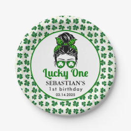 Messy Bun Lucky One 1. Geburtstagsmädchen Pappteller