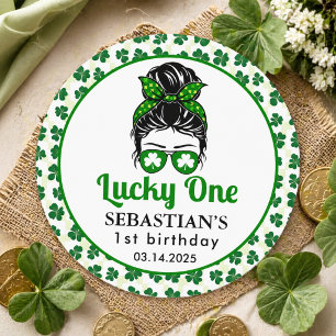Messy Bun Lucky One 1. Geburtstagsmädchen Runder Aufkleber