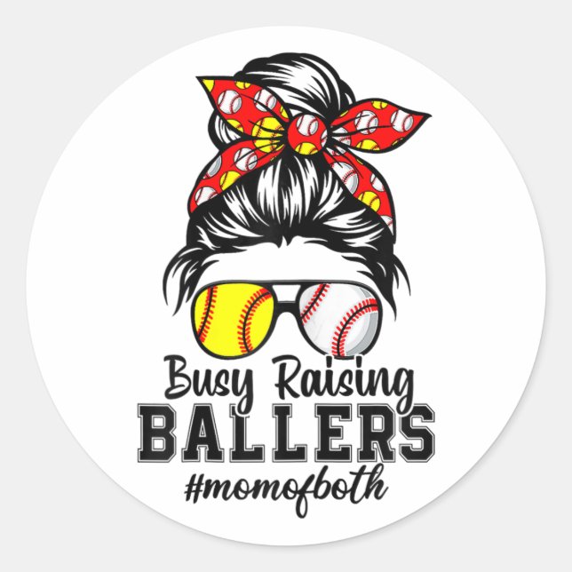 Messy Bun Mama beider Baseball Softball beschäftig Runder Aufkleber (Vorderseite)