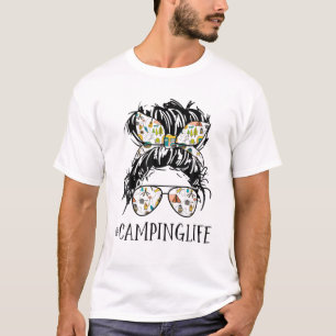Messy Bun Mama Brillen Camping Wandern T-Shirt