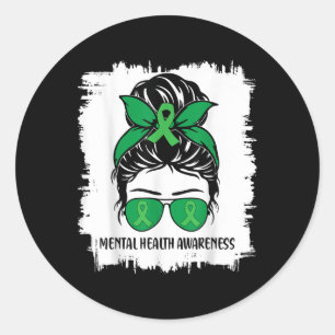 Messy Bun Mental Health S Awareness Green Ribbon _ Runder Aufkleber