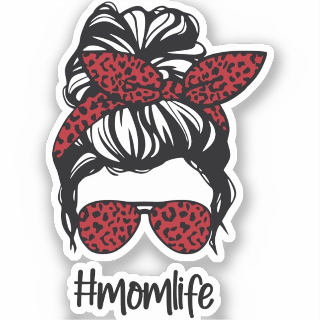 Messy Bun #momlife Red Leopard Aufkleber (Vorderseite)