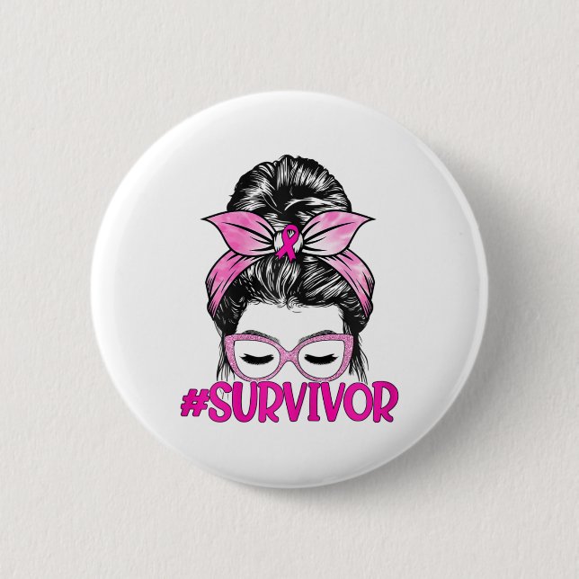Messy Bun Pink Ribbon Brustkrebs Bewusstsein Button (Vorderseite)