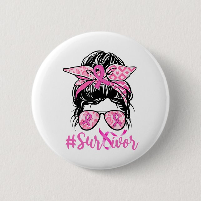Messy Bun Pink Ribbon Leopard Brustkrebs Krieg Button (Vorderseite)