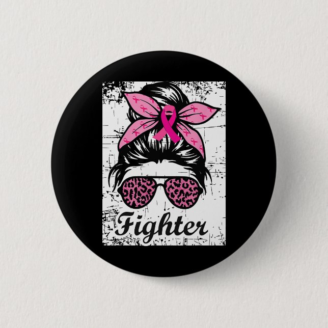 Messy Bun Pink Warrior Brustkrebs Bewusstsein Button (Vorderseite)