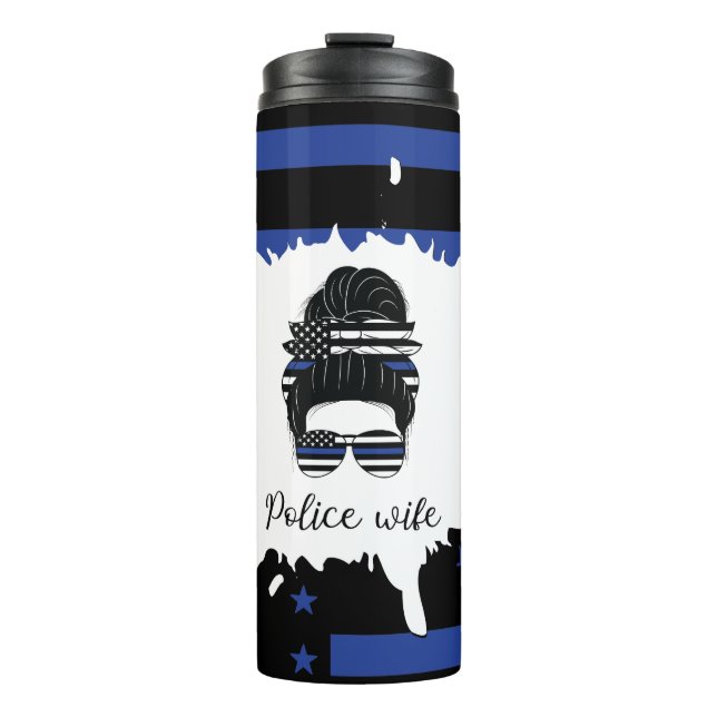 Messy Bun Police Ehefrau Black and Blue Thermosbecher (Vorderseite)