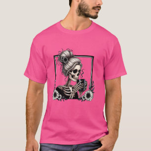 Messy Bun Skeleton Drinking Coffee Vintag Hallowe T-Shirt