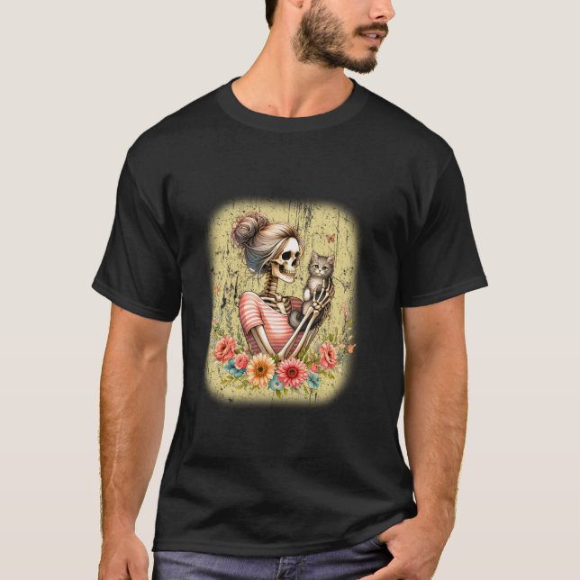 Messy Bun Skeleton Niedlich Kitten Cat Lovers Hall T-Shirt (Vorderseite)