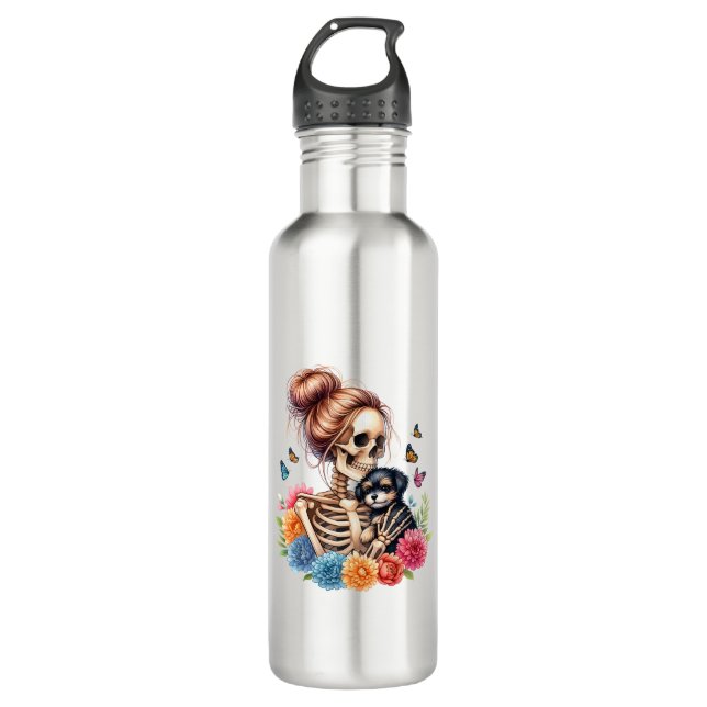 Messy Bun Skeleton Niedlich Puppy Dog liebt Hallow Edelstahlflasche (Vorderseite)