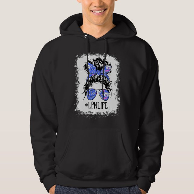 Messy Hair Blue Bow Glasses Lpn Nurse Bun Healthca Hoodie (Vorderseite)