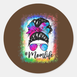 Messy Hair Bun Mama Leben Gefärbte Krawatte Mütt Runder Aufkleber