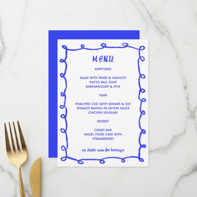 Messy Loops Hand gezeichnet Custom Bar Bat Mitzvah Menükarte (Vorderseite/Rückseite Beispiel)