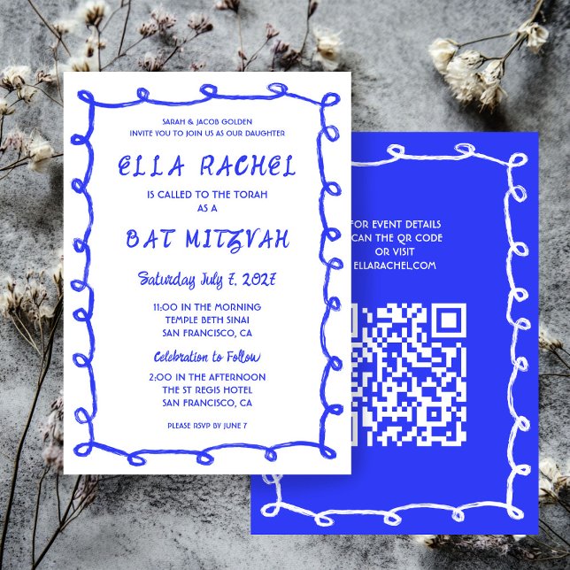 Messy Loops Hand gezeichnet QR Bar Bat Mitzvah Einladung (Messy Loops Hand Drawn Custom QR Code Blue White  Bar Bat Mitzvah Invitation
)