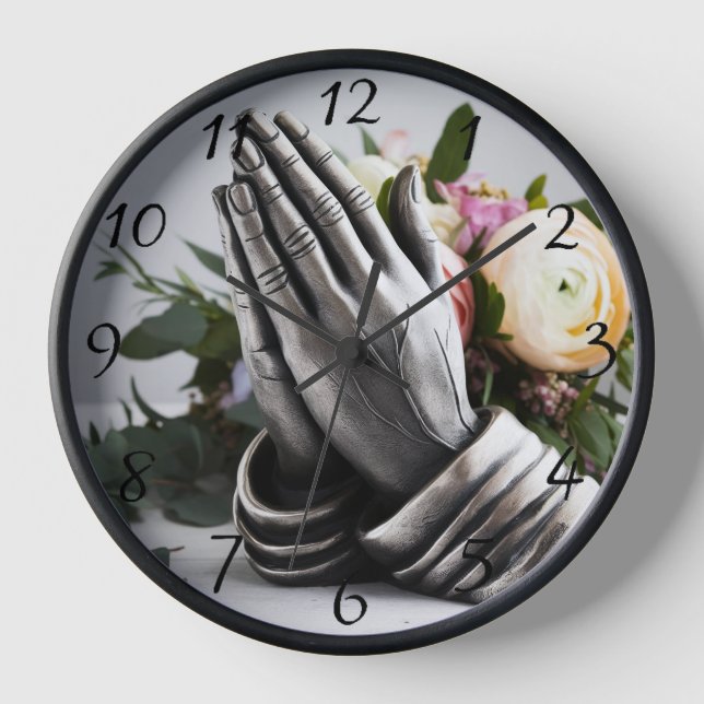 Metal aussehende Praying-Hände mit Peony Florals Uhr (Vorderseite)