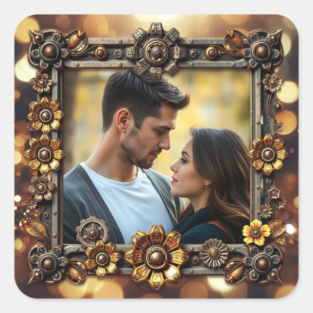 Metal-Blume Steampunk Personalisiert Hochzeit Quadratischer Aufkleber (Vorderseite)