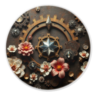 Metal Gears, Pink Flowers, Steampunk Themed Keramikknauf