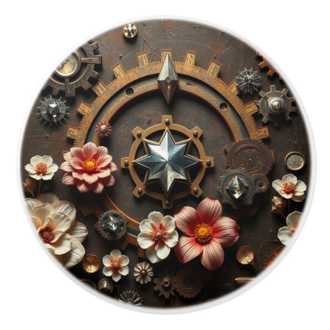 Metal Gears, Pink Flowers, Steampunk Themed Keramikknauf (Vorderseite)