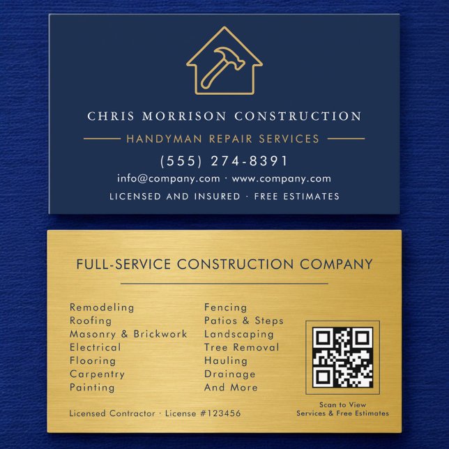 Metal Gold Navy Blue Handyman Construction QR Code Visitenkarte (Von Creator hochgeladen)