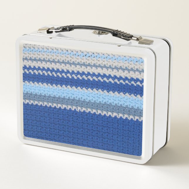 Metal Lunch Box - Crochet in Blau und Weiß Streife (Rückseite)