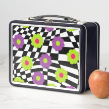 Metal-Lunchbox mit Retro-Schachbrettern und -Blume