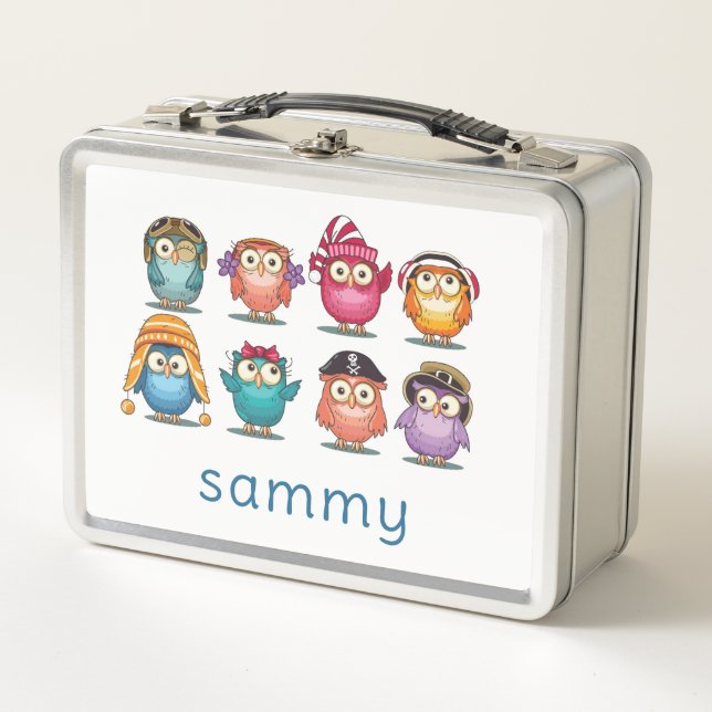 METAL LUNCHBOX: NIEDLICHE CARTOON-OWLS METALL BROTDOSE (Vorderseite)