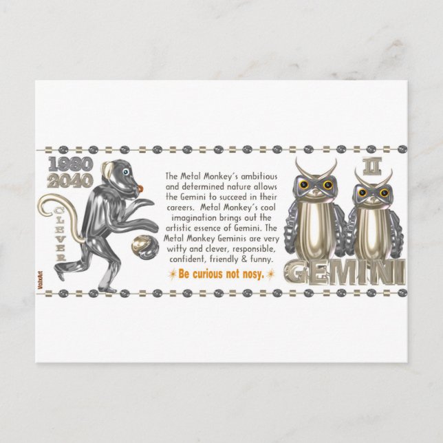 Metal Monkey zodiac geboren Gemini 1980 Postkarte (Vorderseite)