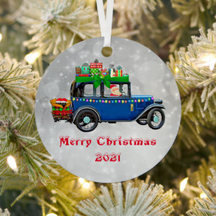 Métal Père Noël en voiture bleue Noël Ornement Enfants