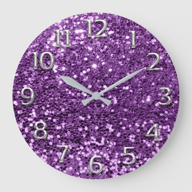 Metal Silver Gray Grey Arabic Numbers Purple Plum Große Wanduhr (Vorderseite)
