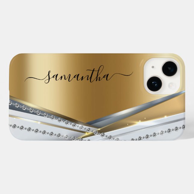 Metall-3-D-Look Kalligrafie Gold Monogram Diamond Case-Mate iPhone 14 Hülle (Rückseite (Horizontal))