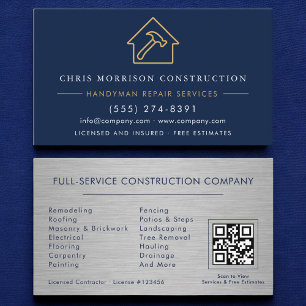 Metall-Handwerker-Bau-Navyblau-Gold-QR-Code Visitenkarte