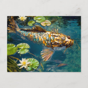 Metall-Koi im Teich und Wasserlilie Postkarte