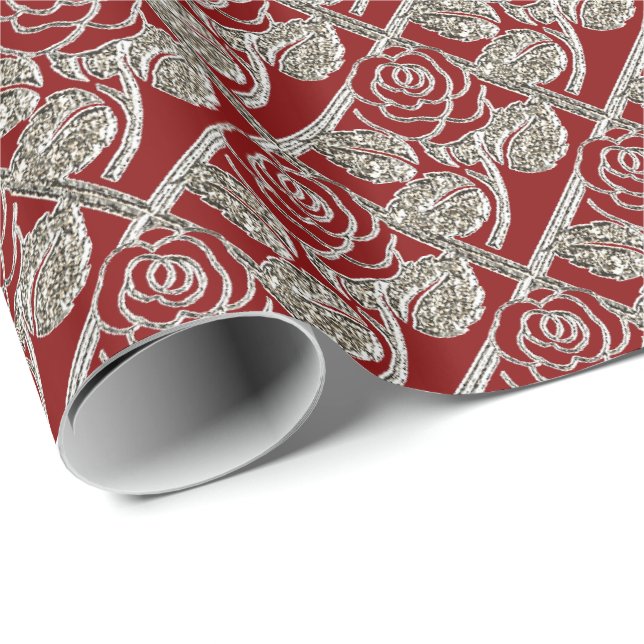 Metall-Rose-03-Rot-Silberverschenkpapier Geschenkpapier (Rolleneckpunkt)
