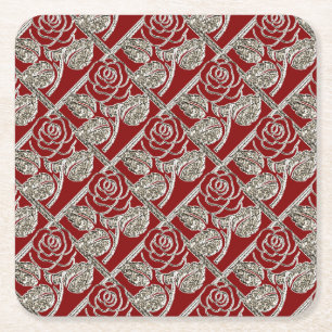 Metall-Rose-3-Rotes Silver-Untersetzer-Set Rechteckiger Pappuntersetzer