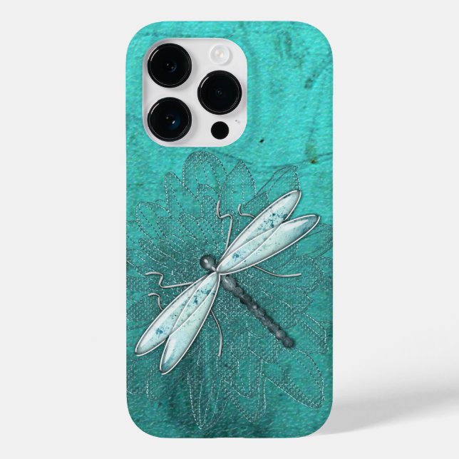Metalldrachenfliege auf Aquamarinem Grün Case-Mate iPhone 14 Pro Hülle (Rückseite)