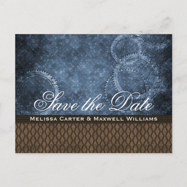 Metallgetriebe Save the Date Postkarte, blau Ankündigungspostkarte (Vorderseite)