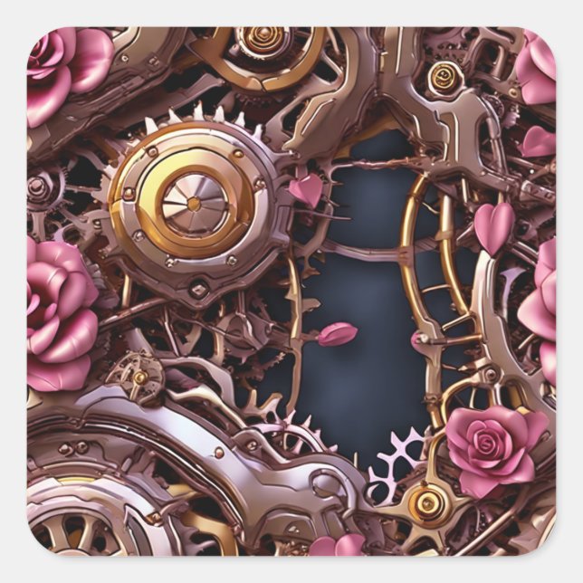 Metallgetriebe und rosa Rosen Quadratischer Aufkleber (Vorderseite)