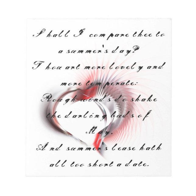 Metallherz mit Shakespeares Sonnet 18 Notizblock (Vorderseite)