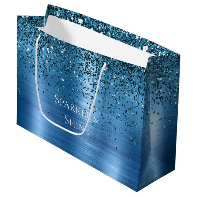 Metallic Aqua Blue Glitzer Große Geschenktüte (Vorderseite Schrägansicht)