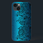Metallic Aqua Blue mit Black Paisley Lace Case-Mate iPhone Hülle<br><div class="desc">Schwarz aqua blau metallische Design gebürstetes Aluminium mit schwarzem Blumenpaisley Spitze.</div>