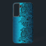 Metallic Aqua Blue mit Black Paisley Lace Samsung Galaxy Hülle<br><div class="desc">Bild eines aquablau metallischen Designs gebürstetes Aluminium mit schwarzem Blumenpaisley Spitze.</div>