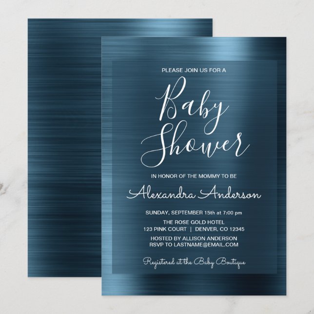 Metallic Blue Foil Babydusche Einladung (Vorne/Hinten)