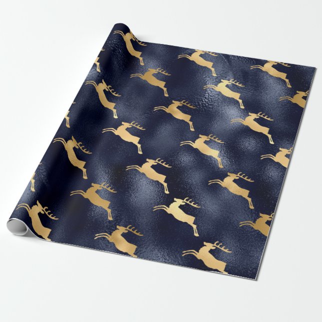Metallic Blue und Golden Rentier Geschenkpapier (Ungerollt)