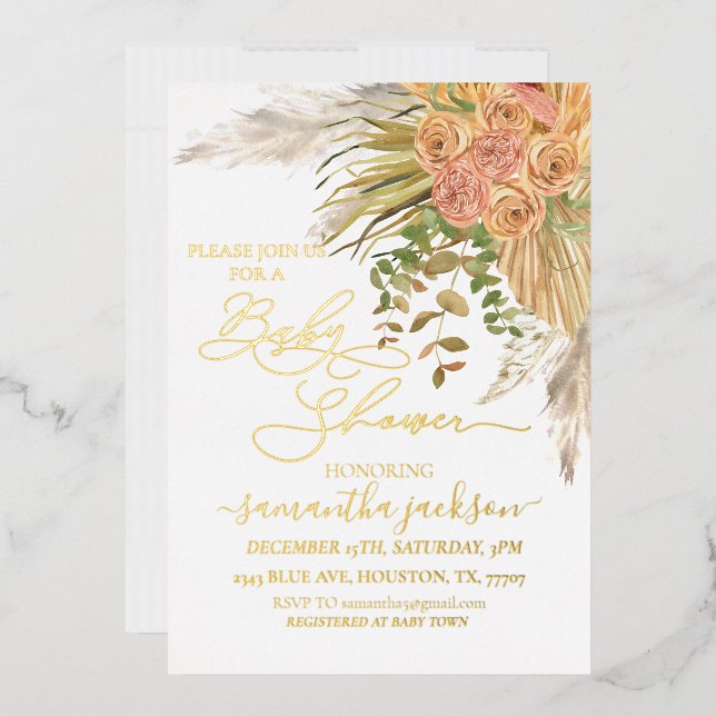 Metallic Boho Pampas Grass Floral Baby Dusche Folieneinladung (Briefumschlag)