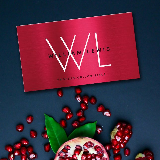Metallic Burgundy Red Monogram Modern Minimalistis Visitenkarte (Von Creator hochgeladen)