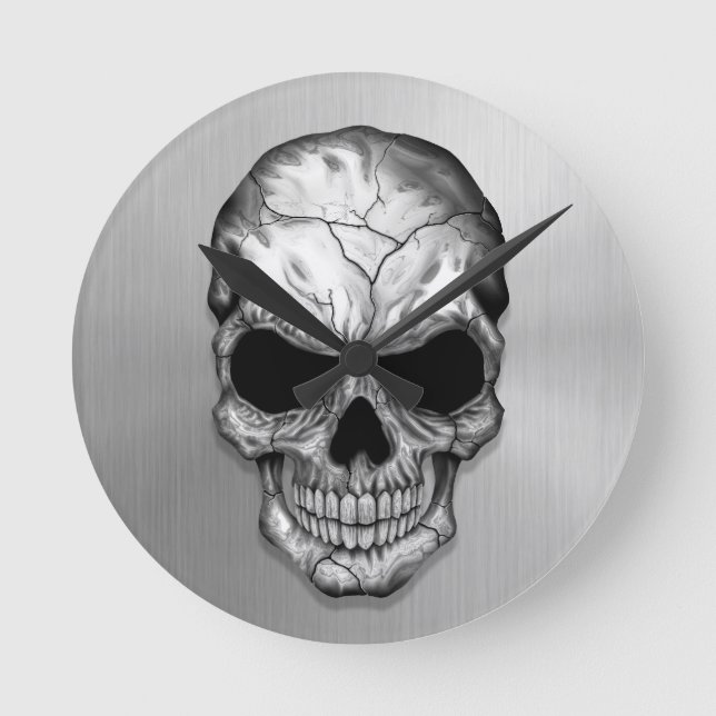 Metallic Crystal Skull on Stainless Steel Effect Runde Wanduhr (Vorderseite)