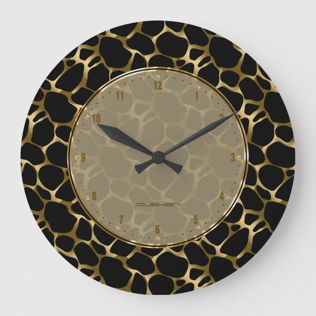 Metallic Faux Gold & Black Leopard Print Große Wanduhr (Vorderseite)