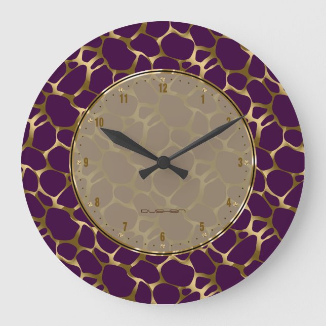Metallic Faux Gold & Purple Leopard Print Große Wanduhr (Vorderseite)