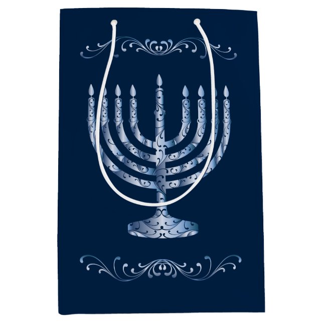 Metallic Filigree Menorah Mittlere Geschenktüte (Vorderseite)